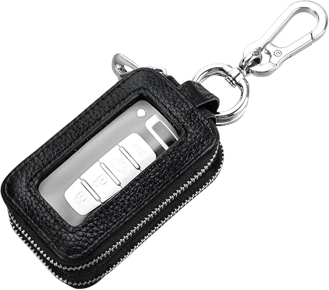BELOMI Car Key Fob Case, Genuine Leather Remote Keychain Bag with Lanyard and Zipper Closure, Key Protection Cover for Men Women (Black)