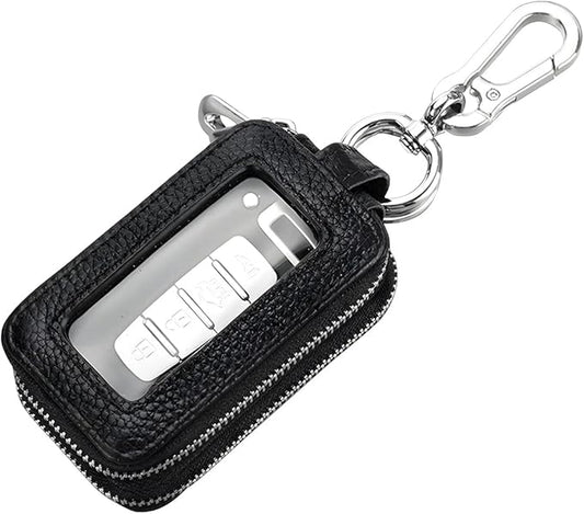 BELOMI Car Key Fob Case, Genuine Leather Remote Keychain Bag with Lanyard and Zipper Closure, Key Protection Cover for Men Women (Black)