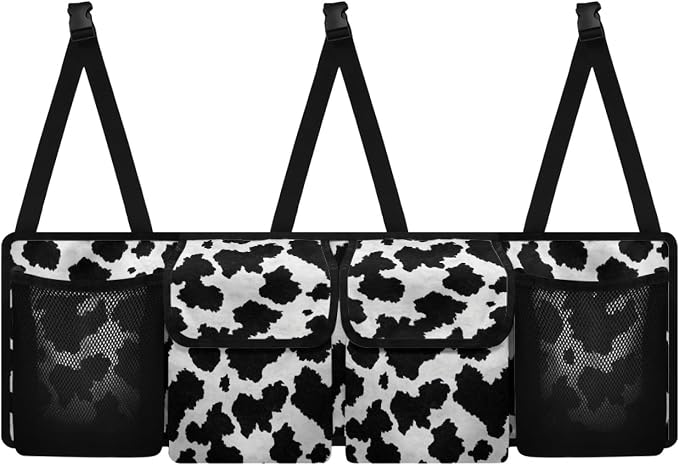 Cow Pattern Trunk Organizer and Storage, Waterproof Backseat Hanging Organizer for SUV, Truck, Collapsible Cargo Storage Bag with 4 Pockets, Car Interior Accessories