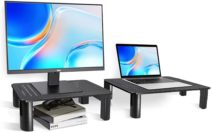 Pholiten 2 Pack Monitor Stand Riser, 3 Height Adjustable Monitor Stand for Computer, Laptop, Printer, Notebook, iMac, Premium Metal Monitor Risers for 2 Monitors