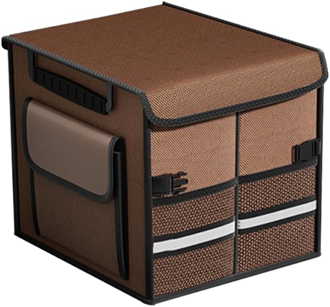 HZEL Car Trunk Organizer with Lid, Foldable Slip Resistant Multi-Compartment Vehicle Cargo Storage Box, Collapsible Waterproof Automotive Trunk Organizer, Universal for SUV Van Truck (Coffee)
