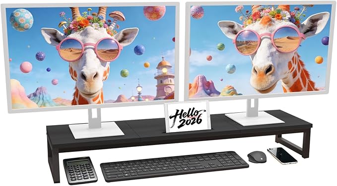 Dual Monitor Stand Riser, 38.7'' Long Wood and Steel Monitor Stand for 2 Monitors, Ergonomic Desktop Organizer with Tablet Stand for Computer,Laptop,TV (Black)