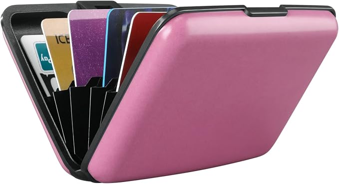ELFISH RFID Blocking Credit Card Protector Aluminum ID Case Hard Shell Business Card Holders Metal Wallet for Men or Women（Matte Pink