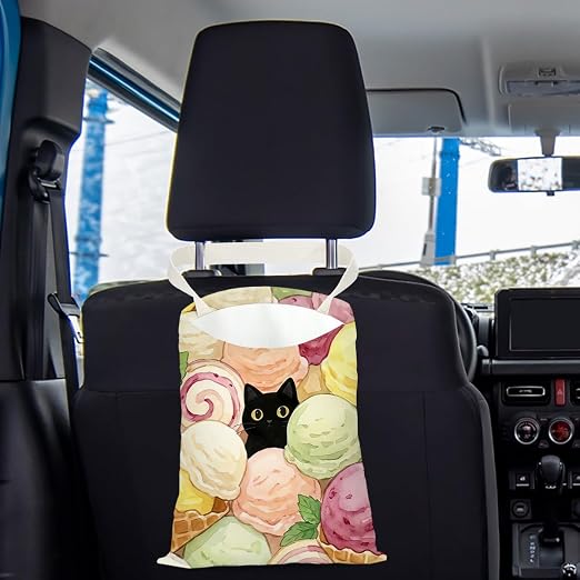 Black Cat Car Trash Bag, Icecream Car Trash Bag Hanging,Icecream Accessories, Summer Decor Waterproof Cars Back Seat Hanging Organizer Garbage Can for Vehicle Travelling Camping