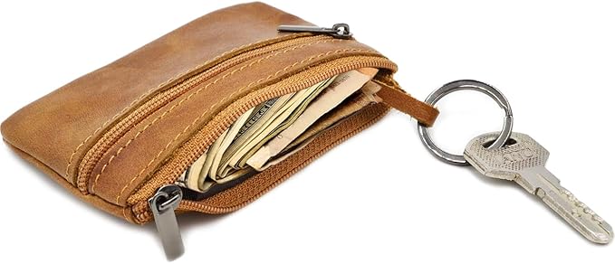 Freezx Women Genuine Leather Coin Pouch Zip Mini Purse Wallet Key Chain Double Zipper