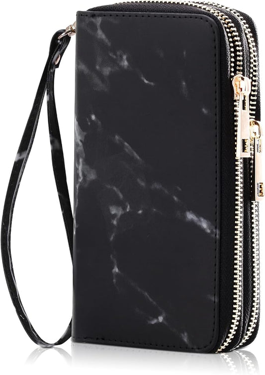 Cellphone Wallet for Women Dual Zipper Long Purse with Removable Wristlet