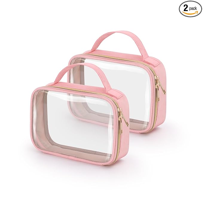 Wedama TSA Approved Toiletry Bag, 2 Pack Clear Makeup Bags with Handles, Quart Size Toiletry Bags, PVC Clear Cosmetic Bags for Women and Men, Carry on Airport Airline Compliant Bag, Pink