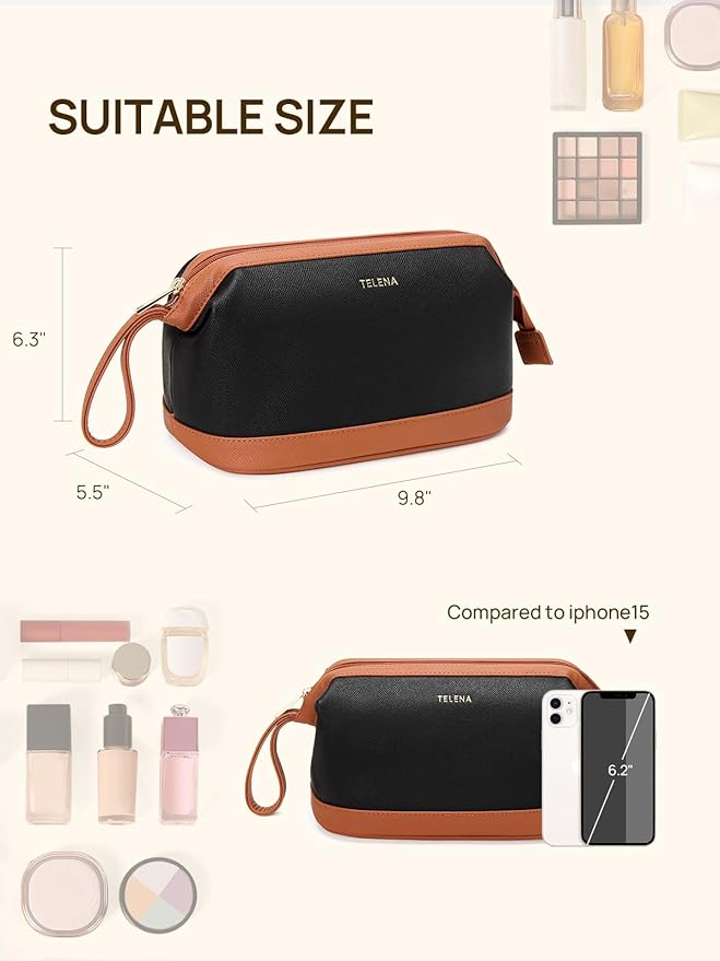 Telena Makeup Bag Large Capacity Travel Cosmetic Bag Portable PU Leather Water Resistant Makeup Organizer Bags for Women with Handle and Divider Open Flat (3-Black with Brown)
