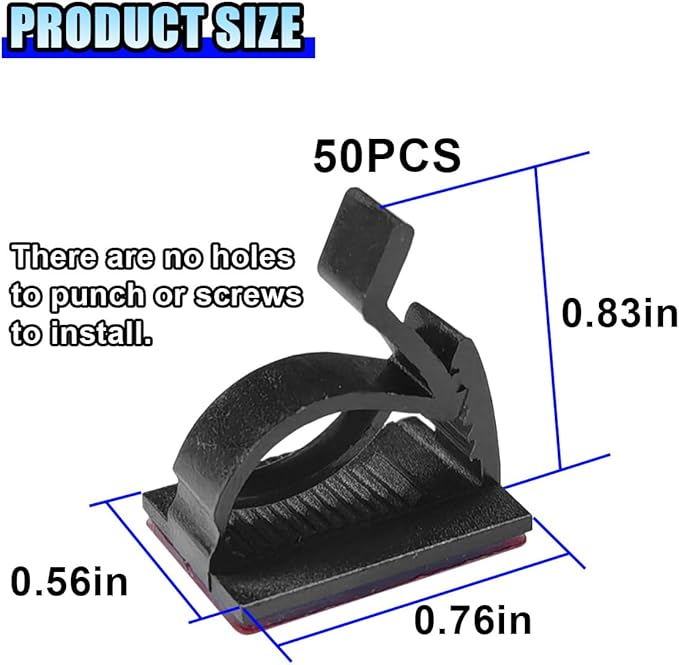 50PCS Adjustable Cable Clips Self Adhesive Cord Organizer - Sticky Wire Clamp Management Cord Holder for Car Dash Cam Home Office Desk Wall Tables