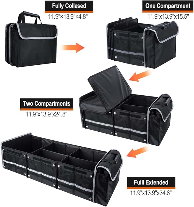 AOPHY Car Trunk Organizer with Insulated Cooler Bag, Foldable & Waterproof Storage Organizer with Lid for SUV, Truck, Sedan - 4 Large Adjustable Compartments, Heavy Duty & Collapsible Design