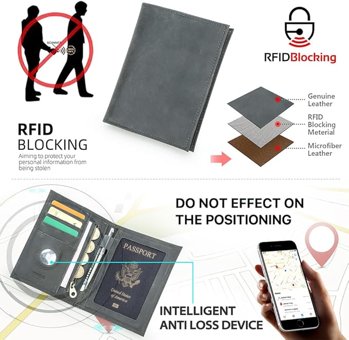 CONTACTS Full Grain Leather Passport Holder RFID Blocking Travel Passport Wallet Compatible with Airtag Passport Cover Case with 4 Cards Slots, Coin Pocket (Gray)