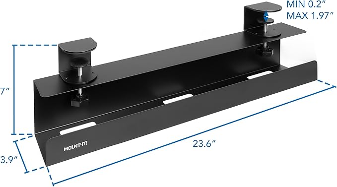 Mount-It! Under Desk Cable Management Tray – Clamp-On No-Drill Metal Cable Management Tray for Desk & Standing Desk, Wire & Cord Organizer for Power Strips, Glass Desks – 23.6” Black