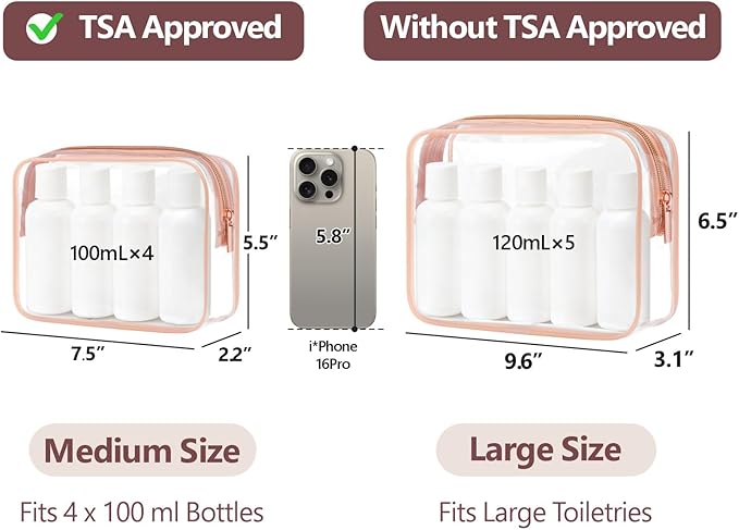 PACKISM TSA Approved Toiletry Bag 2 Pack - 1 Medium TSA Quart Carry-On & 1 Large for Checked Luggage, Water-resistant Clear Makeup Bag Clear Travel Bags for Toiletries, Rose Pink