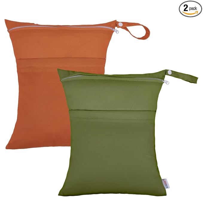 ALVABABY 2pcs Cloth Diaper Wet Dry Bags Waterproof Reusable with Two Zippered Pockets Travel Beach Pool Daycare Soiled Baby Items Yoga Gym Bag for Swimsuits or Wet Clothes 2LM04