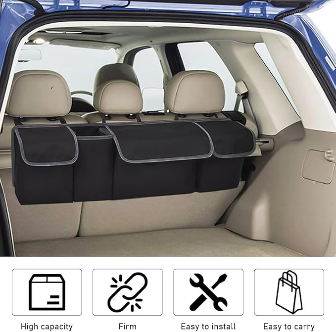 Yourkar Car Trunk Organizer, Oxford Backseat Storage Bag with 4 Pockets, Waterproof Adjustable Large Capacity Hanging Collapsible Bag for Most Vehicles, Universal Car Accessories