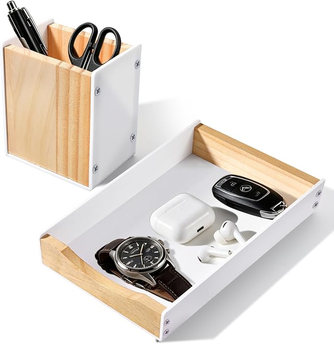 Desk Tray with Pen Holder Set, Acrylic & Wooden Desktop Organizer Multifunctional Home Office Workspace Accessories for Watch, Pens, Keys (White)