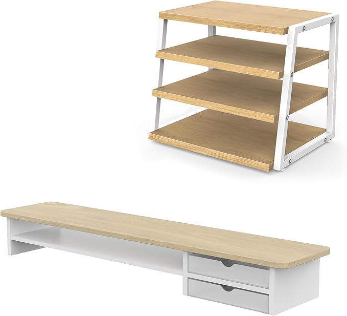 Fenge Dual Monitor Riser with Drawer & 4 Tier Desktop Organizer, Oak