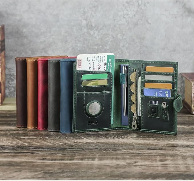 CONTACTS Full Grain Leather Passport Holder Compatible with Airtag RFID Blocking Passport Wallet for Men Travel Passport Cover with SIM Card Removal Tool (Badge, Green)