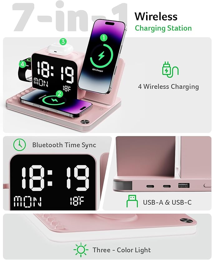 Acer 7-in-1 Wireless Charging Station with LED Clock - 30W Fast Wireless Charger for iPhone 16/15/14/13/12/Pro Max, Apple Watch, AirPods - Bluetooth Auto Time Sync & Night Lights (Pink)