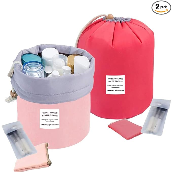 INVODA Drawstring Cosmetic Bag 2PCS Travel Makeup Bag for Women Toiletry Bag Portable Drawstring Make up Organizer Bag for Travel (Pink+Red)