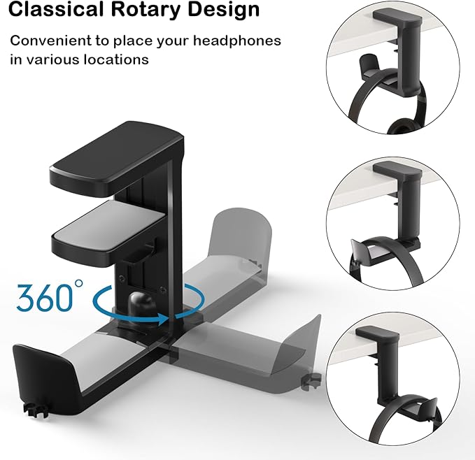 Headphone Hook - Adjustable Clamp-on Headphone Holder, Under Desk Gaming Headset Holder Mount Hook with Rotating Clamp (Black)