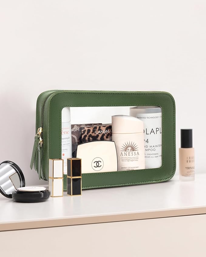 LETGO Clear Makeup Bags, TSA Approved Toiletry Bag with Zipper, Travel Makeup Organizer Fit Carry-on Travel Essentials,Small Cosmetic Bags Pouch for Women Men (Clear-Vintage Green)