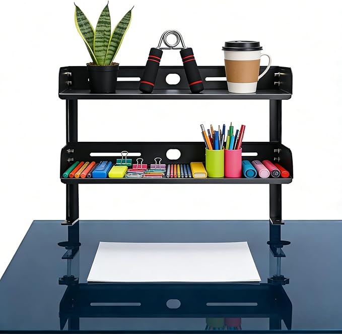 Yuxh Clamp On Desk Shelf 2 Tier Cilp Under Table Organizer, Black-S, 15 inch