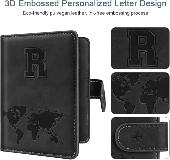 Passport Holder Wallet Cover Personalized Letter A-Z Travel Wallet RFID Blocking Passport Cover Wallet Case for Travel Passport Book Holders for Women and Men, Black-R