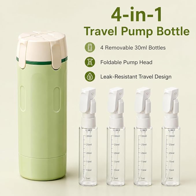 4-in-1 30ML Travel Size Dispenser Toiletries Bottles, Leak-Proof Refillable Containers Dispensers Labels Portable Toiletry Organizer Cup for Shampoo, Lotion, Soap Travel Essentials Green