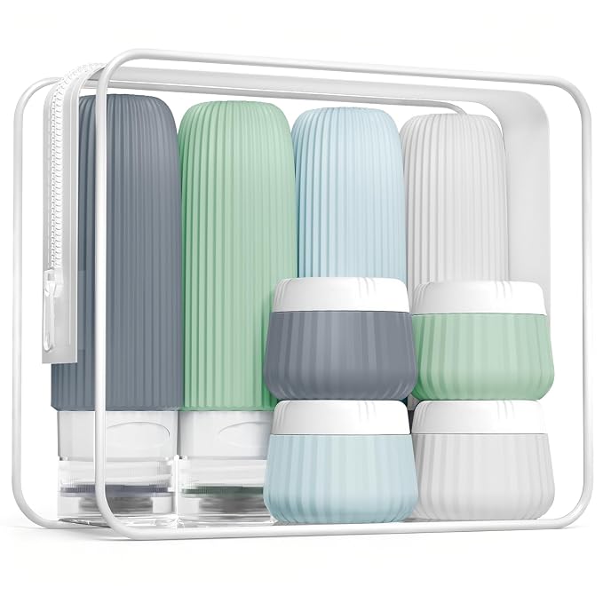 Mrsdry Travel Bottles for Toiletries 8 Pack, Tsa Approved Travel Size Toiletries 3 oz, Travel Containers for Toiletries, with Clear Bag, Leak Proof Silicone Squeezable Travel Essentials Creams Jars