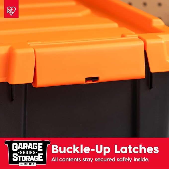 IRIS USA 4 Pack 12 Gallon Lockable Storage Bins, Heavy Duty Stackable Containers with Lids for Garage Organization or Moving, Black/Orange
