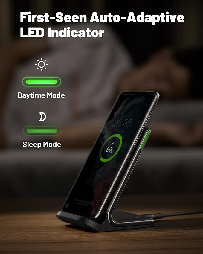 INIU Wireless Charger, 15W Fast Wireless Charging Station with Sleep-Friendly Adaptive Light Compatible with iPhone 17 16 15 14 13 12 Pro Max Samsung Galaxy S25 S24 S23 Note 20 Google etc