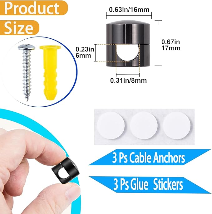 3 Sets Charger Cord Holder, Glossy Black Metal Adhesive Cable Management Clips,Adjustable Cable Anchor Holders,Wire Organizer for Desk, Wall Hook, Home, Office,Bedside Table