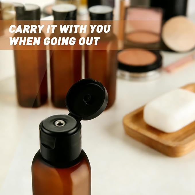 4Pcs 3.4oz/100ml Travel Kit Leak Proof Travel Bottles Toiletries Includes Refillable Squeeze Bottles with Flip Cap Storage Bags and Stickers for Shampoo Conditioner Creams (Brown)