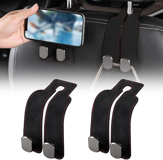 FXOICMI Car Seat Headrest Hooks, Purse Hooks for Car with Double Hooks, Leather Car Seat Hooks for Purses and Handbags, Heavy Duty Car Purse Holder Hanger for Travel, Keep Car Tidy (Black 2Pcs)
