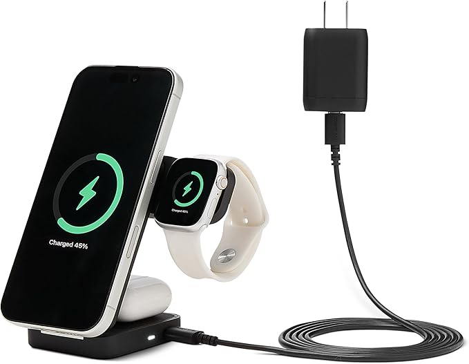 Amazon Basics MagSafe Compatible 25W Fast Charging Qi2.2 Certified 3-in-1 Wireless Charging Station, Foldable Stand for iPhone 17/16/15/14/13/12, Apple Watch, AirPods, with 45W Adapter, Black