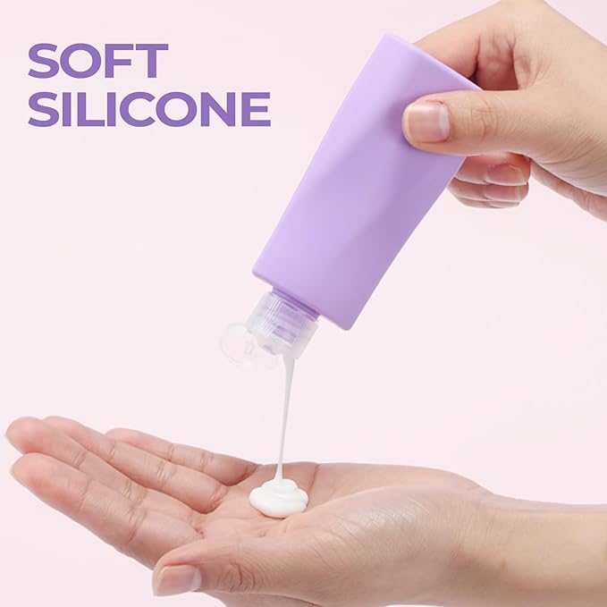 4 in 1 Silicone Travel Bottle for Toiletries, Travel Size Containers Leak Proof Refillable Liquid Squeezable Portable Dispenser Tubs for Shampoo Conditioner Lotion Body Wash(Purple)