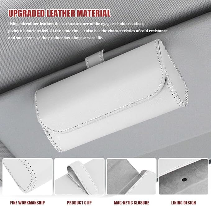 Sunglasses Holder for Car Sun Visor, Leather Auto Eyeglasses Storage Case with Hidden Magnetic Closure, Universal Protective Glasses Organizer Box, Visor Accessories for Woman Man (White)