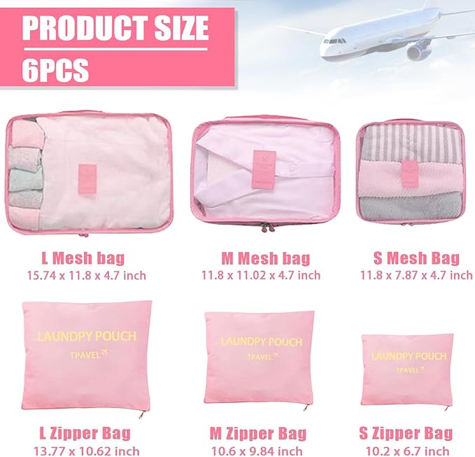 6 Set Packing Cubes for Travel Luggage Packing Bags Reusable Waterproof Suitcase Organizer Bags Set with Shoe Bag and Toiletry Bag (Pink)