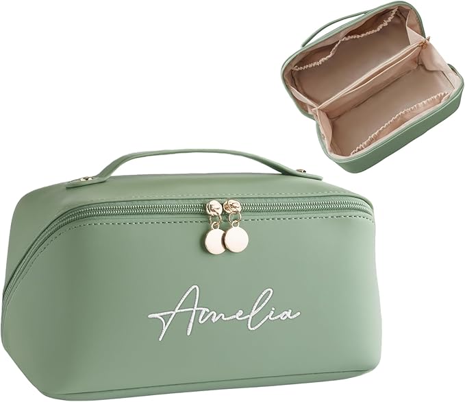 Personalized Travel Makeup Bag, Large Capacity Cosmetic Bags for Women, PU Leather Water-Resistant Portable Pouch Open Flat Toiletry Bag Make up Bag with Divider and Handle (Green)