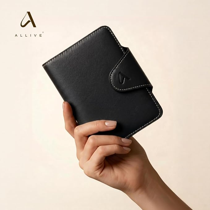 ALLIVE Genuine Leather Passport Holder for Travel Essentials, RFID Blocking Passport Wallet with Built-in AirTag Slot, Passport Cover Case for Travel Must Haves Accessories (Midnight Black)