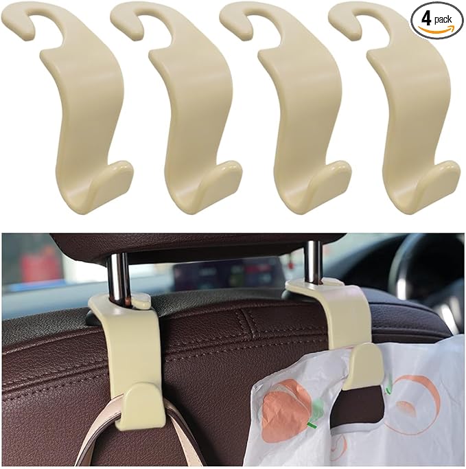 povtii 4PCS Car Seat Headrest Hook, Auto Back Seat Hanging Storage Organizer, Vehicle Seatback Hanger Holder for Purse Handbag Coat Umbrella, Universal Interior Car Accessories (Beige)