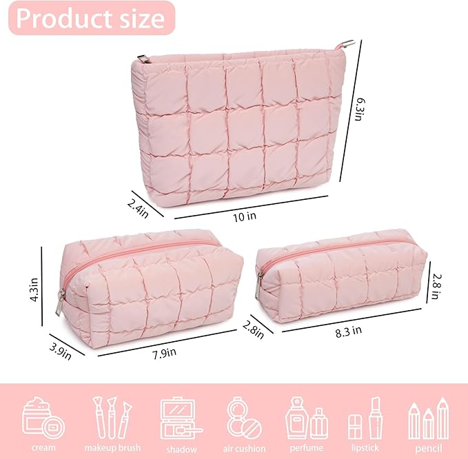 3Pcs Puffer Quilted Makeup Bag Travel Cosmetic Bag Set Portable Puffy Checkered Toiletry Pouch Skincare Organizer Purse Pencil Case (Pink)
