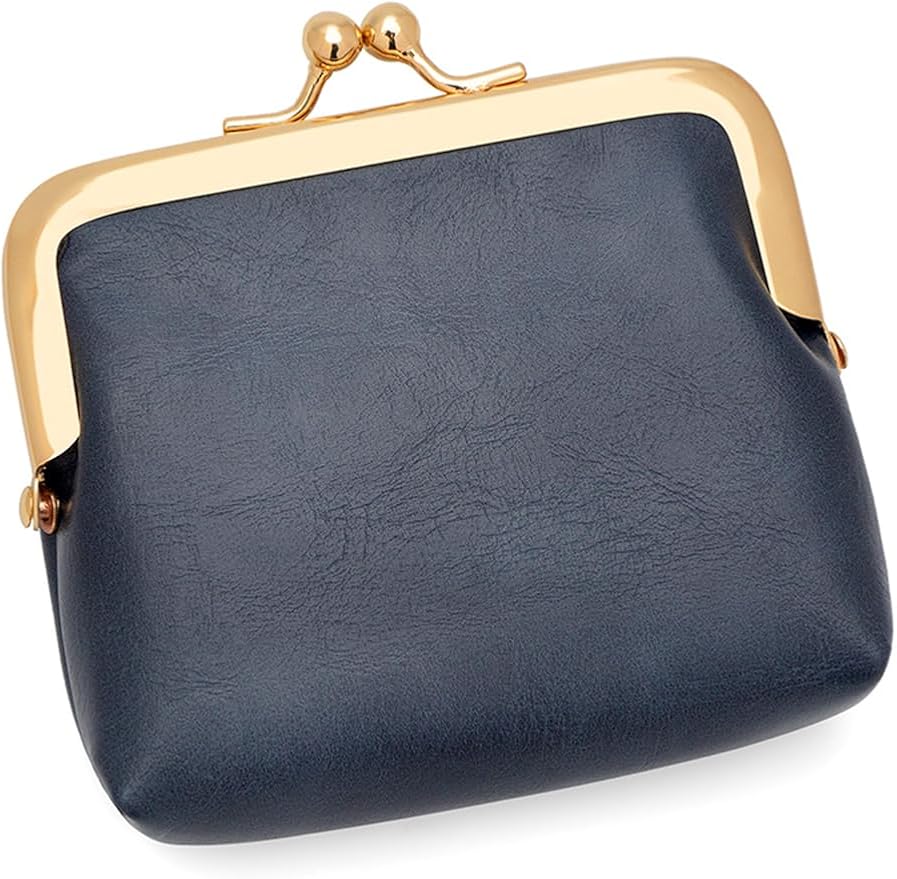 Women’s Small Coin Purse, Vintage PU Leather Change Purse, Rectangle Kiss Lock Coin Pouch, Pocket-Sized, Solid Color, Mini Coin Purse for Women - Navy Blue