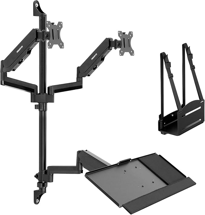 Mount-It! Dual Monitor Arm Wall Mount Workstation with Keyboard Tray & CPU Holder, Height Adjustable Gas Spring Full Motion Computer Station, Fits 17??2??VESA 75x75 100x100, Black