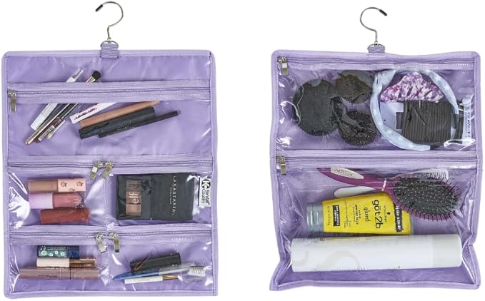 On-The-Go Organizer, 14 Clear Vinyl Pockets, Hanging Travel Case for Makeup and Accessories, 13.5 x 24 inches (Lilac, Small)