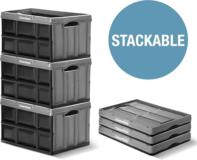 CleverMade Collapsible Storage Bins 62L (3-Pack) – Heavy Duty Collapsible Plastic Storage Bins, Large Stackable Folding Storage Bins for Garage, Car, Grocery & Home Organization - Ocean