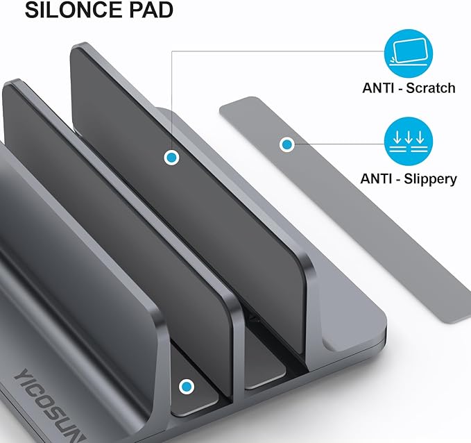 YICOSUN Dual-Slot Aluminum Vertical Laptop Stand for Desk - Adjustable Width Dock for MacBook, Surface, Samsung, HP, Dell up to 17.3 inches - Space-Saving & Protective Design - Gray