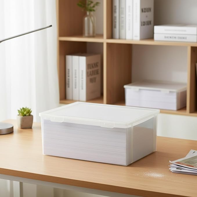 Clear A4 Document Storage Box with Lid, Stackable PP File Organizer for Office Desk & Shelf