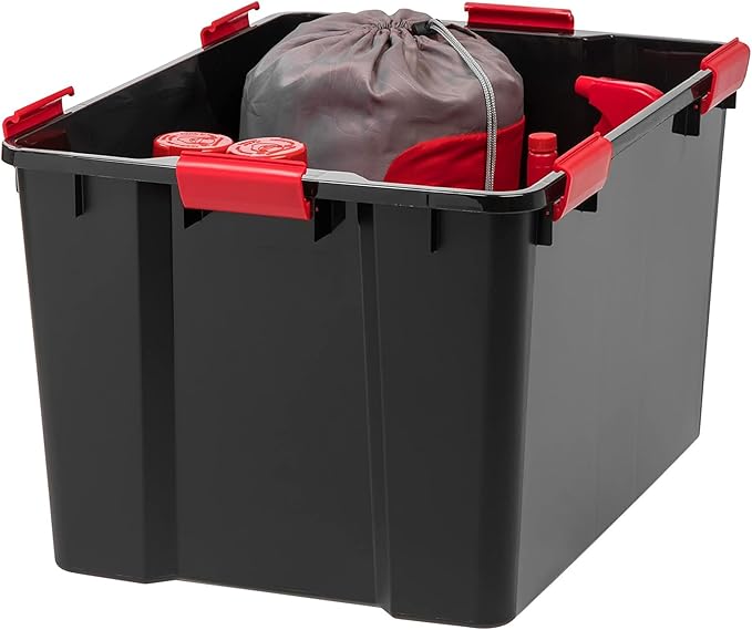 IRIS USA WeatherPro 74 Qt Storage Bins with Lids, 6 Pack, BPA-Free Plastic Gasket Box with Tight Latch and Seal, Stackable Nestable Tote Tub - Black/Red